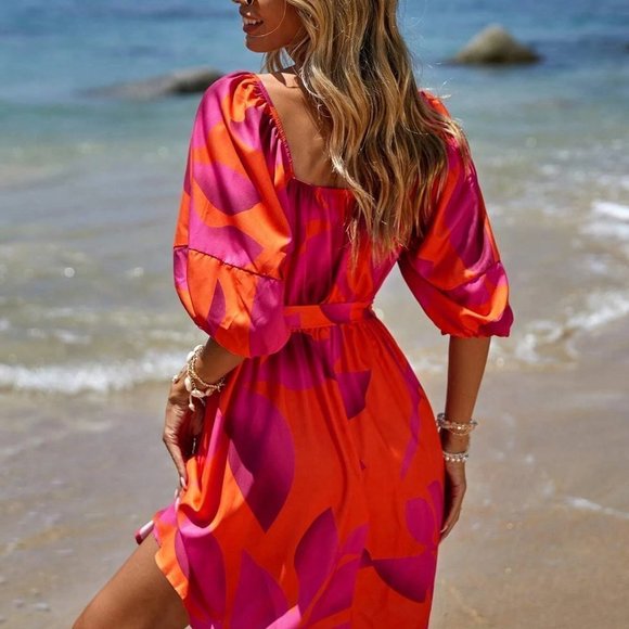 Pink Boho Womens Floral Print Square Neck Lantern Sleeve Belted Dress - Picture 2 of 5